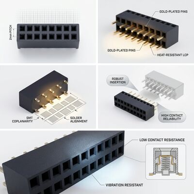 Abgedeckter Box-Header-Stil 2,54MM zweireihiger weiblicher Stecker Gold-Flash PA6T polarisierter Schlüsselloch-Leiterplatten-Durchsteckmontage
