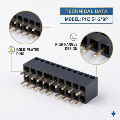 Doppelreihe 2,54 mm Rechtswinkel weiblicher Kopfanschluss 04P-80P Gold Flash PA6T PCB durch Loch